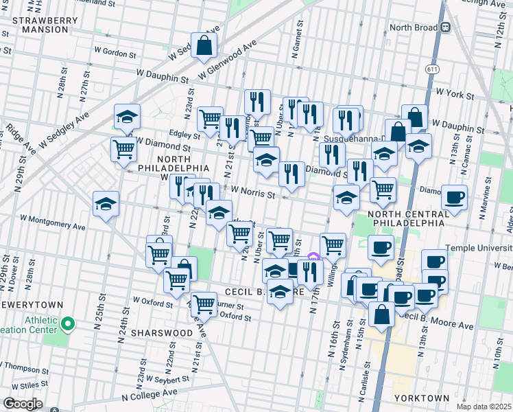 map of restaurants, bars, coffee shops, grocery stores, and more near 1935 North 20th Street in Philadelphia