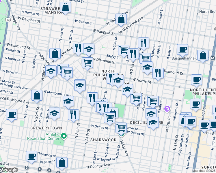 map of restaurants, bars, coffee shops, grocery stores, and more near 1907 North 23rd Street in Philadelphia