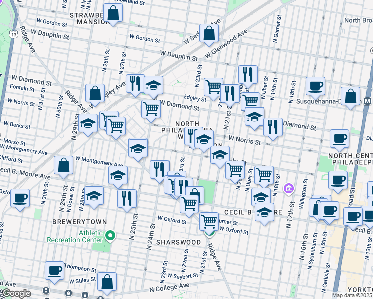 map of restaurants, bars, coffee shops, grocery stores, and more near 1907 North 23rd Street in Philadelphia