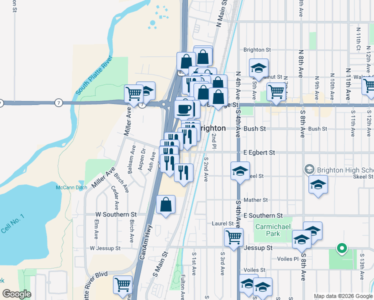map of restaurants, bars, coffee shops, grocery stores, and more near 161 South Main Street in Brighton