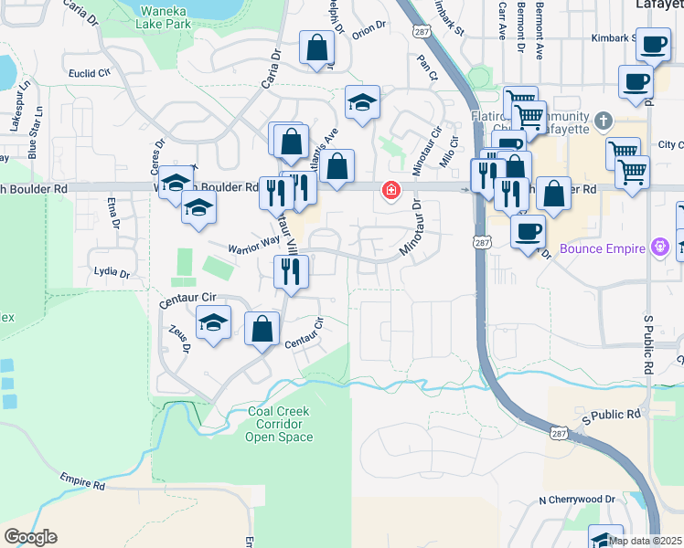 map of restaurants, bars, coffee shops, grocery stores, and more near 1410 Bacchus Drive in Lafayette