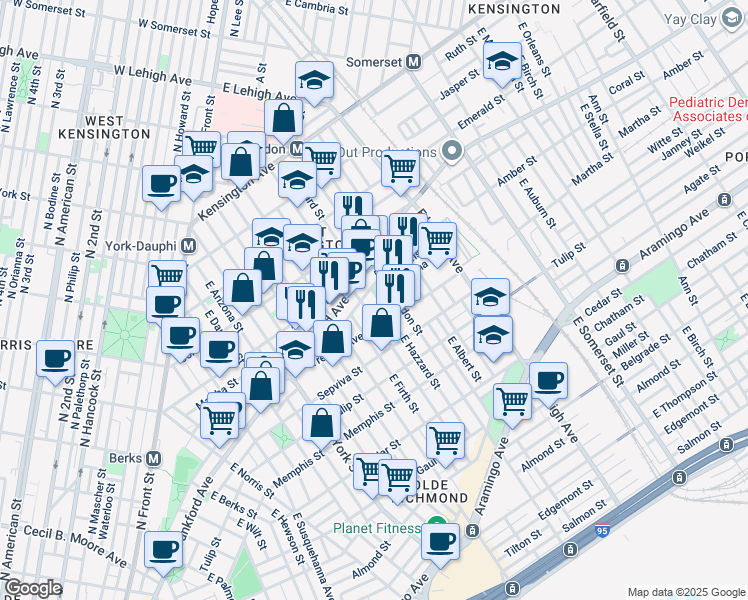 map of restaurants, bars, coffee shops, grocery stores, and more near 2120 East Hazzard Street in Philadelphia