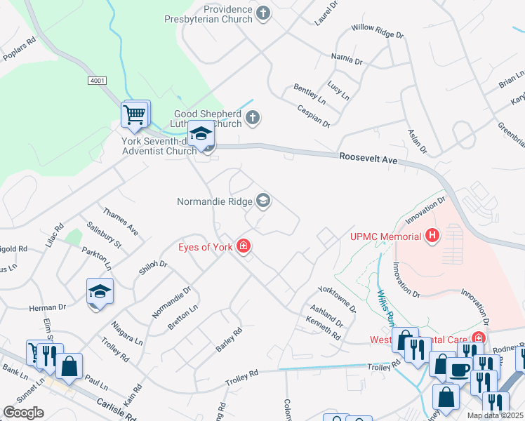 map of restaurants, bars, coffee shops, grocery stores, and more near 1700 Normandie Drive in York