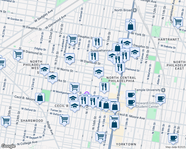 map of restaurants, bars, coffee shops, grocery stores, and more near 1701 West Norris Street in Philadelphia