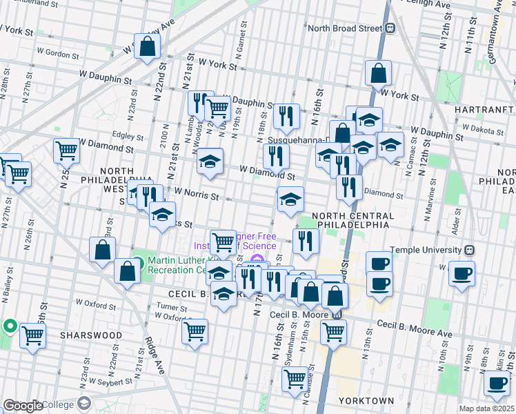 map of restaurants, bars, coffee shops, grocery stores, and more near 1718 West Norris Street in Philadelphia
