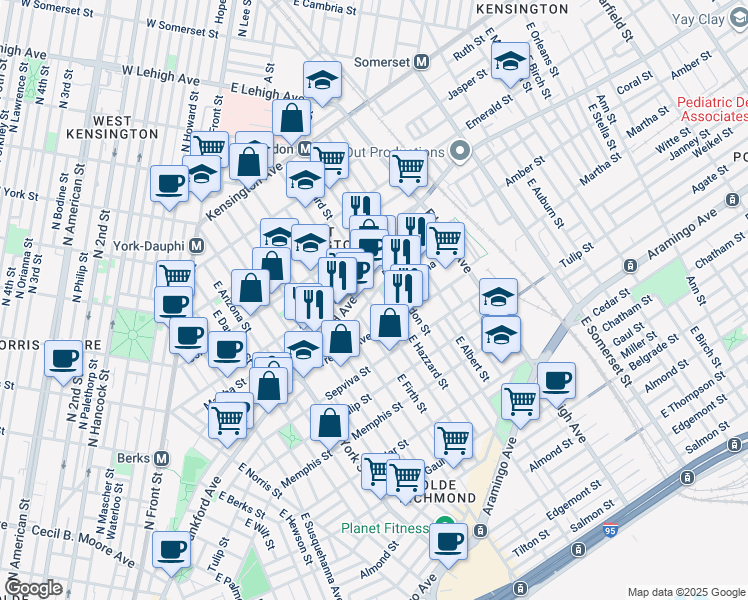 map of restaurants, bars, coffee shops, grocery stores, and more near 2115 East Sergeant Street in Philadelphia