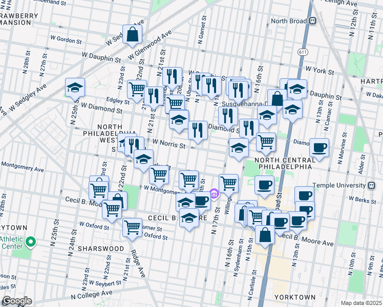 map of restaurants, bars, coffee shops, grocery stores, and more near 1943 North 19th Street in Philadelphia