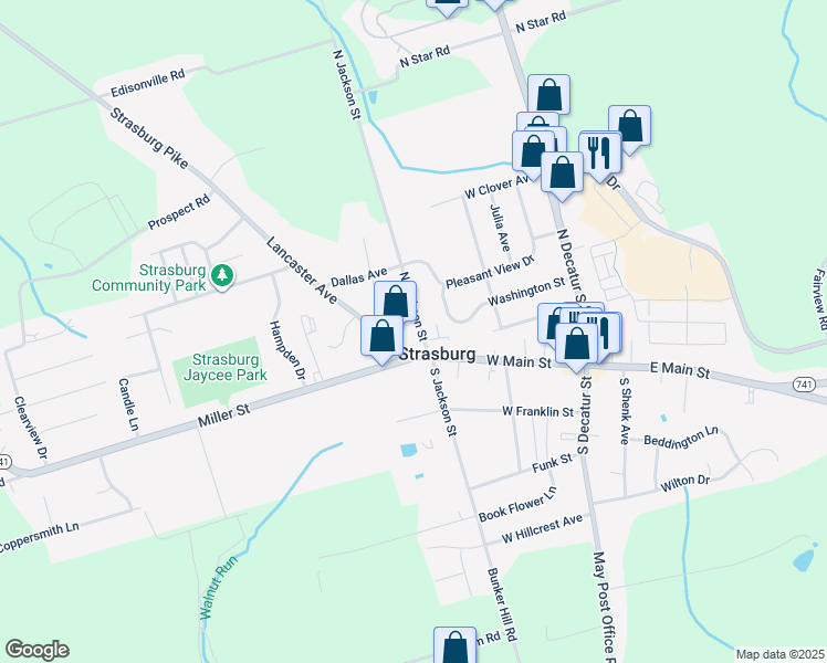 map of restaurants, bars, coffee shops, grocery stores, and more near 11 North Jackson Street in Strasburg