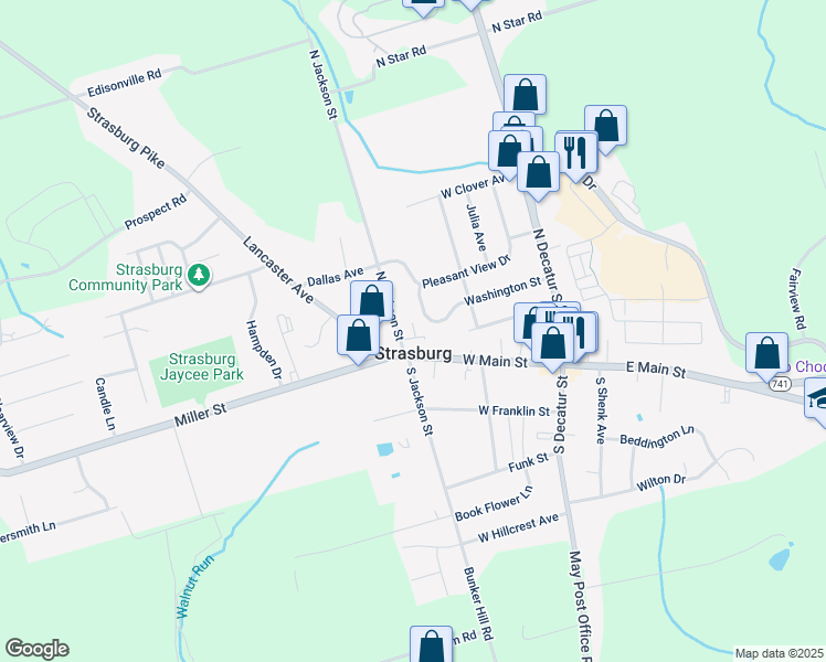 map of restaurants, bars, coffee shops, grocery stores, and more near 8 North Jackson Street in Strasburg
