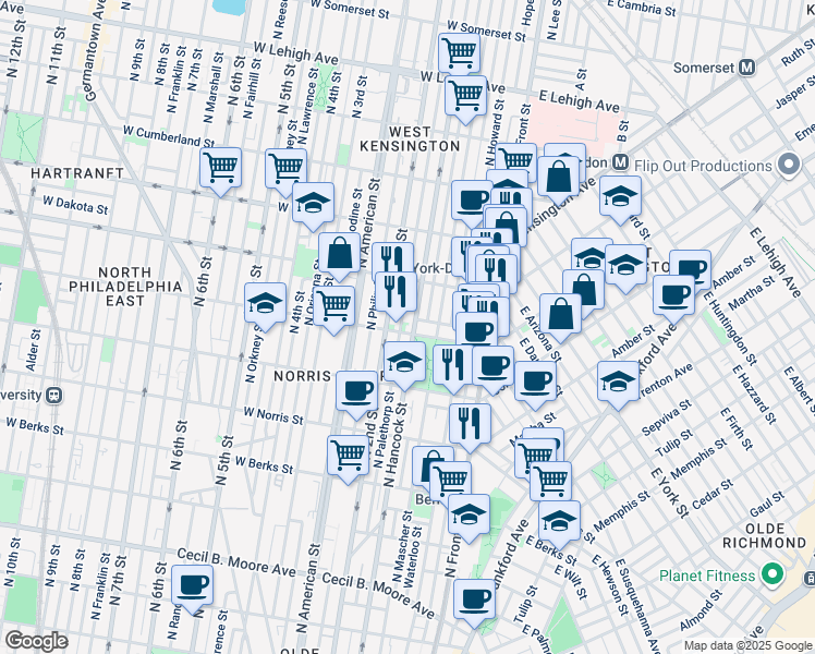map of restaurants, bars, coffee shops, grocery stores, and more near 165 West Susquehanna Avenue in Philadelphia