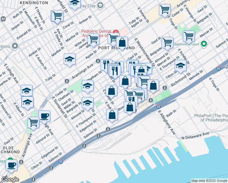 map of restaurants, bars, coffee shops, grocery stores, and more near 3057 Almond Street in Philadelphia