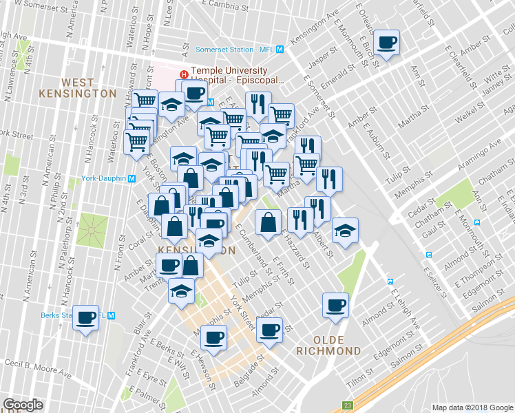 map of restaurants, bars, coffee shops, grocery stores, and more near 2115 East Sergeant Street in Philadelphia