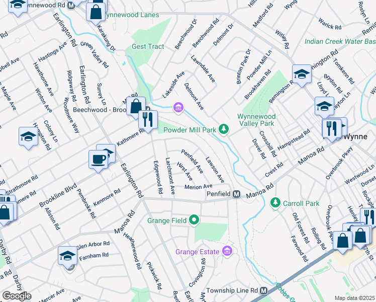 map of restaurants, bars, coffee shops, grocery stores, and more near 630 Penfield Avenue in Havertown