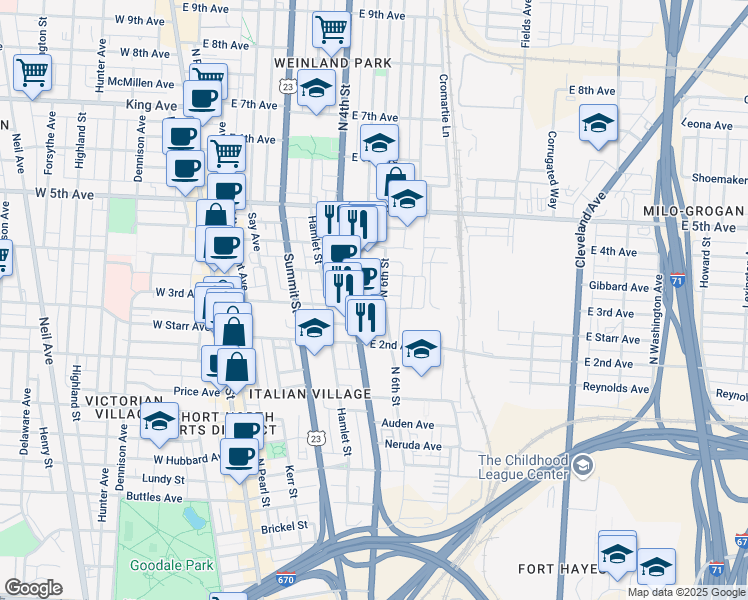 map of restaurants, bars, coffee shops, grocery stores, and more near 244 East 3rd Avenue in Columbus