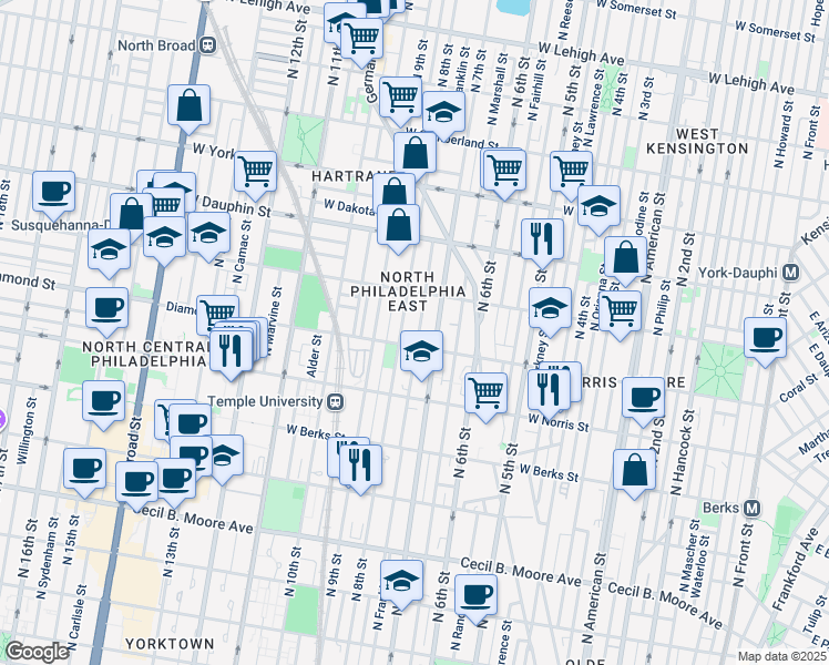 map of restaurants, bars, coffee shops, grocery stores, and more near 2116 North Franklin Street in Philadelphia