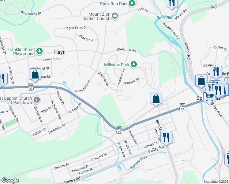 map of restaurants, bars, coffee shops, grocery stores, and more near 101 Country Run Drive in Coatesville