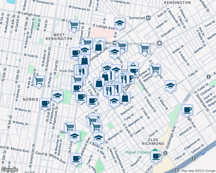 map of restaurants, bars, coffee shops, grocery stores, and more near 2042 East Hagert Street in Philadelphia