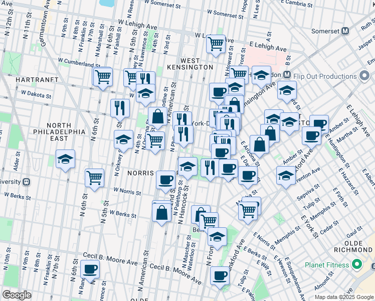 map of restaurants, bars, coffee shops, grocery stores, and more near 2213 Palethorp Street in Philadelphia