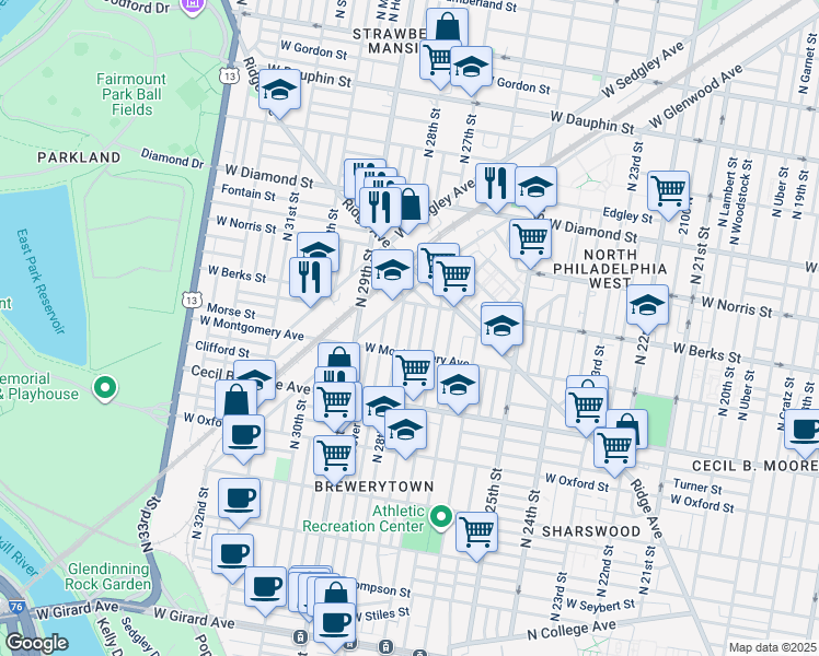 map of restaurants, bars, coffee shops, grocery stores, and more near 1836 North Marston Street in Philadelphia