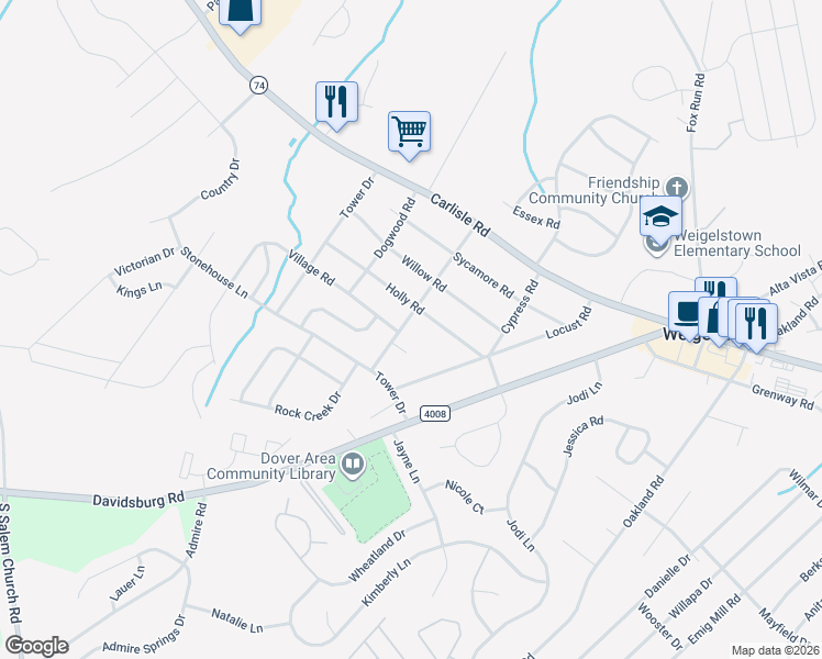 map of restaurants, bars, coffee shops, grocery stores, and more near 2510 Redwood Road in Dover