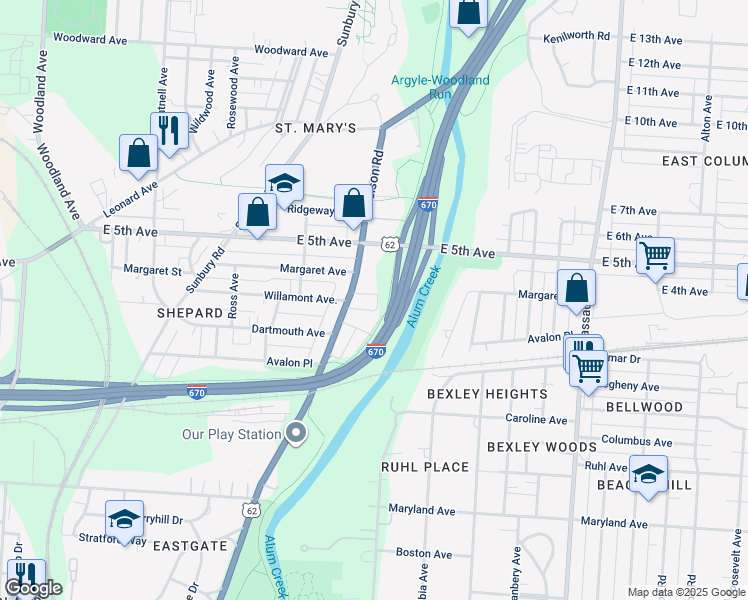 map of restaurants, bars, coffee shops, grocery stores, and more near 732-746 North Nelson Road in Columbus
