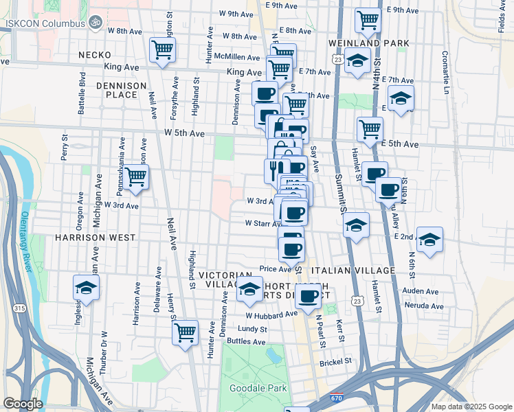 map of restaurants, bars, coffee shops, grocery stores, and more near 69 West 3rd Avenue in Columbus