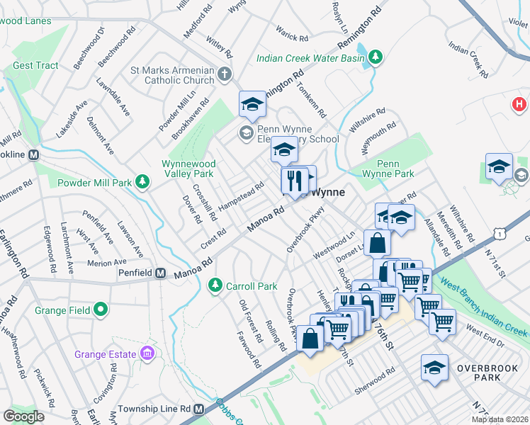 map of restaurants, bars, coffee shops, grocery stores, and more near 1455 Manoa Road in Wynnewood