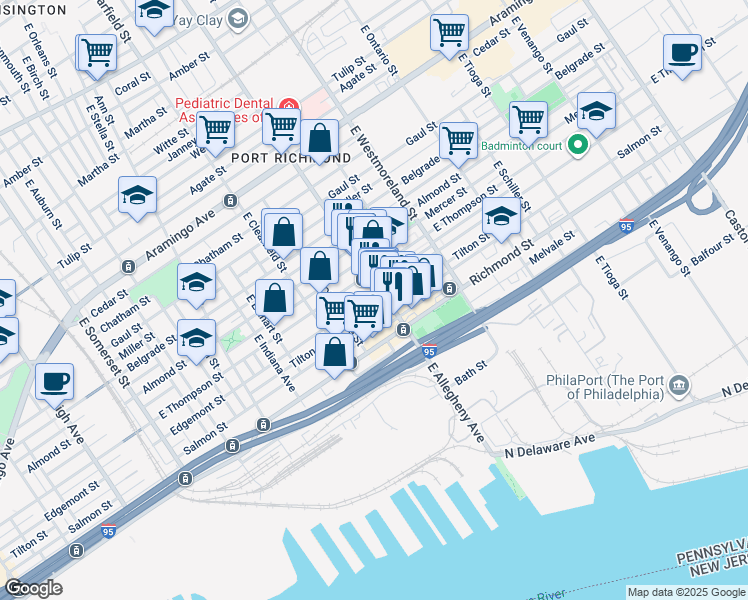 map of restaurants, bars, coffee shops, grocery stores, and more near 3191 Edgemont Street in Philadelphia