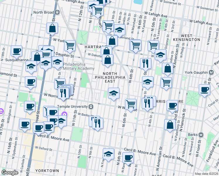 map of restaurants, bars, coffee shops, grocery stores, and more near 2123 North 8th Street in Philadelphia