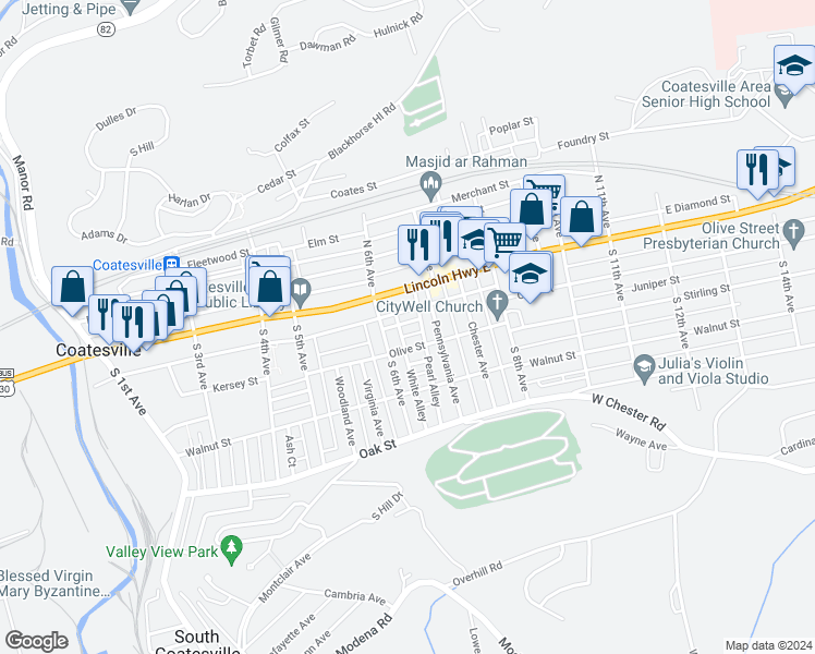 map of restaurants, bars, coffee shops, grocery stores, and more near 624 Belmont Street in Coatesville
