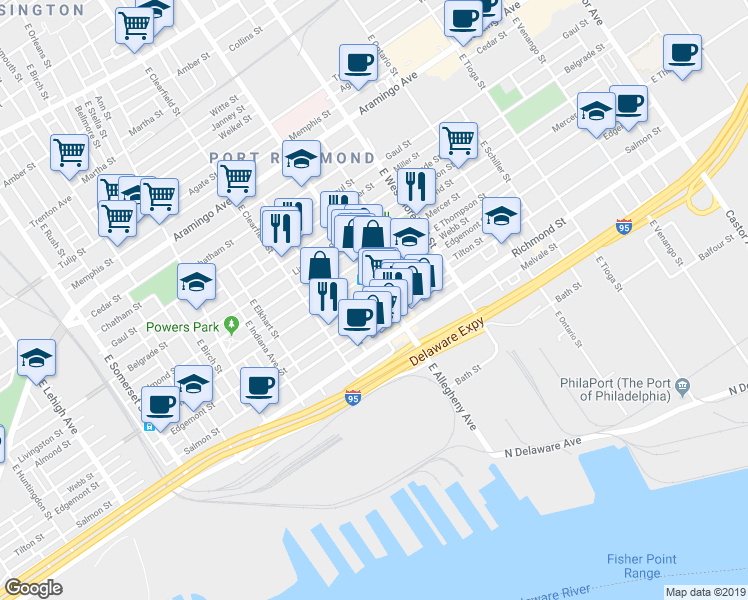 map of restaurants, bars, coffee shops, grocery stores, and more near 3191 Edgemont Street in Philadelphia