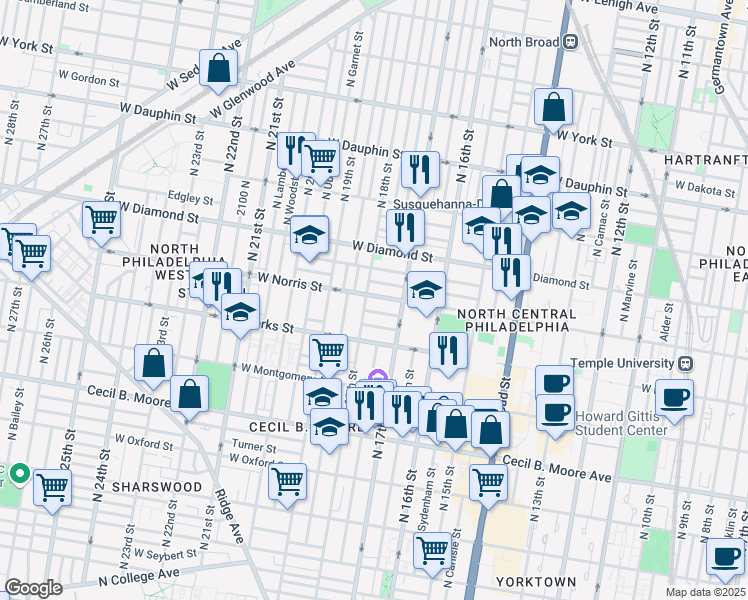 map of restaurants, bars, coffee shops, grocery stores, and more near 1724 West Norris Street in Philadelphia