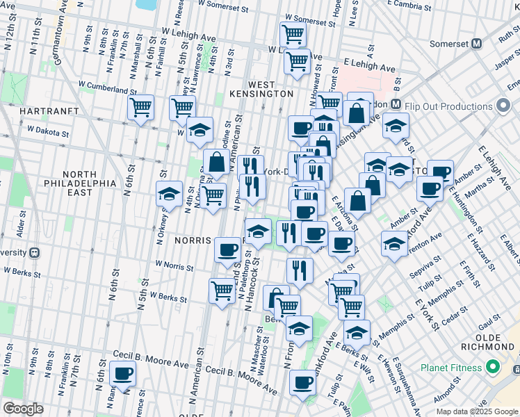 map of restaurants, bars, coffee shops, grocery stores, and more near 165 West Susquehanna Avenue in Philadelphia