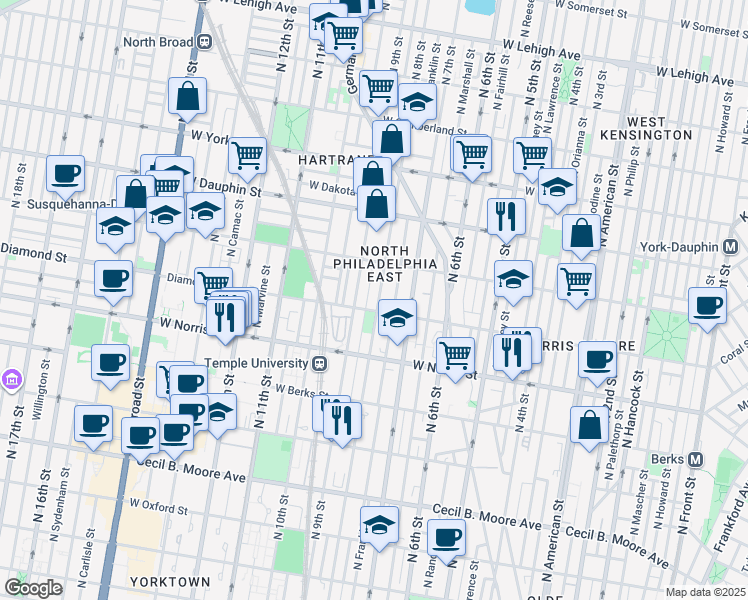 map of restaurants, bars, coffee shops, grocery stores, and more near 2123 North 8th Street in Philadelphia