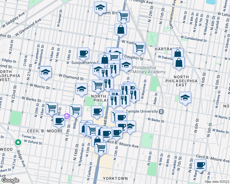 map of restaurants, bars, coffee shops, grocery stores, and more near 2001 North Broad Street in Philadelphia