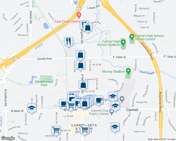 map of restaurants, bars, coffee shops, grocery stores, and more near 640 1st Avenue Northeast in Carmel