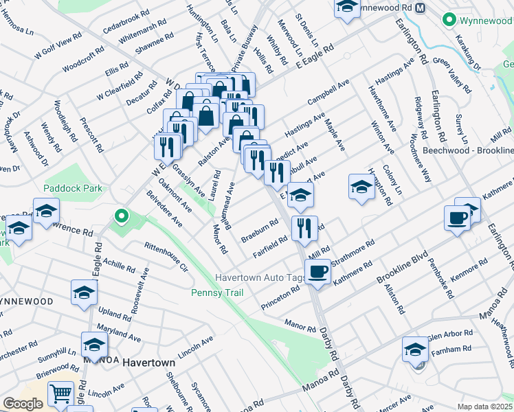 map of restaurants, bars, coffee shops, grocery stores, and more near 1900 Darby Road in Havertown