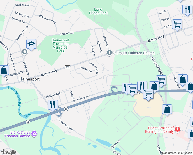 map of restaurants, bars, coffee shops, grocery stores, and more near 30 Patriot Way in Hainesport