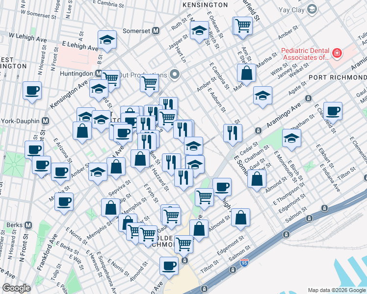 map of restaurants, bars, coffee shops, grocery stores, and more near 2186 East Lehigh Avenue in Philadelphia