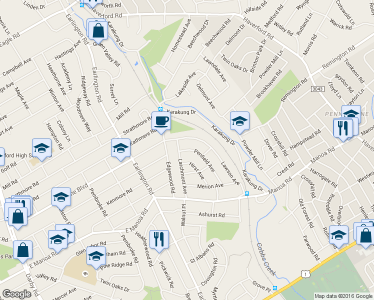 map of restaurants, bars, coffee shops, grocery stores, and more near 602 Penfield Avenue in Havertown