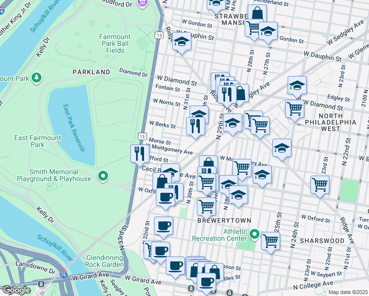 map of restaurants, bars, coffee shops, grocery stores, and more near 3043 West Sedgley Avenue in Philadelphia