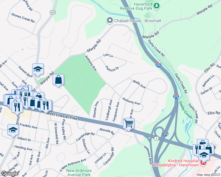 map of restaurants, bars, coffee shops, grocery stores, and more near 2 Amber Court in Broomall