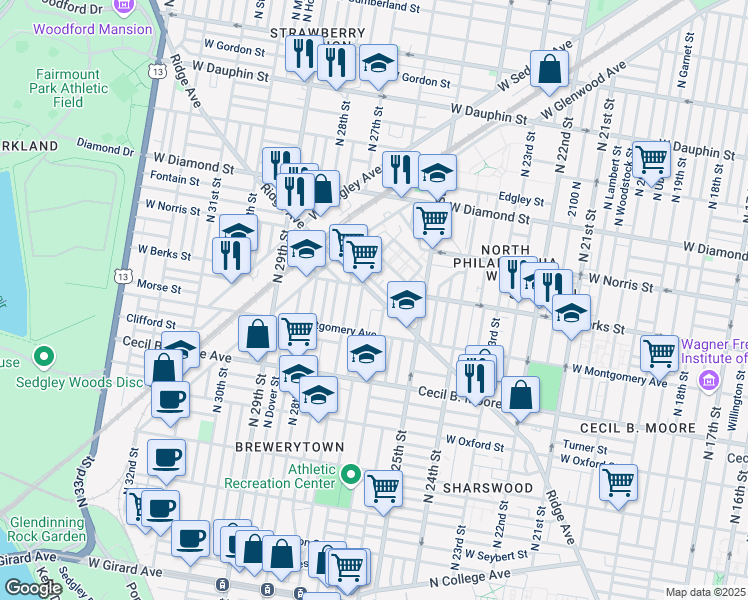 map of restaurants, bars, coffee shops, grocery stores, and more near 2614 Ridge Avenue in Philadelphia