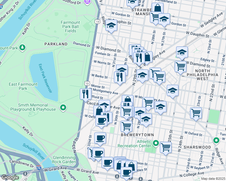 map of restaurants, bars, coffee shops, grocery stores, and more near 3043 West Sedgley Avenue in Philadelphia