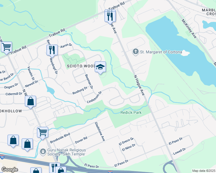 map of restaurants, bars, coffee shops, grocery stores, and more near 3338 Lindstrom Drive in Columbus