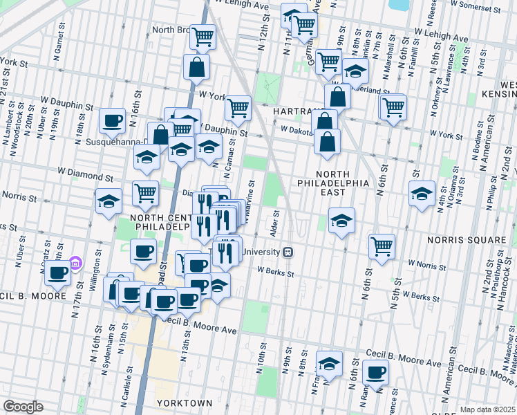 map of restaurants, bars, coffee shops, grocery stores, and more near 1100 Diamond Street in Philadelphia