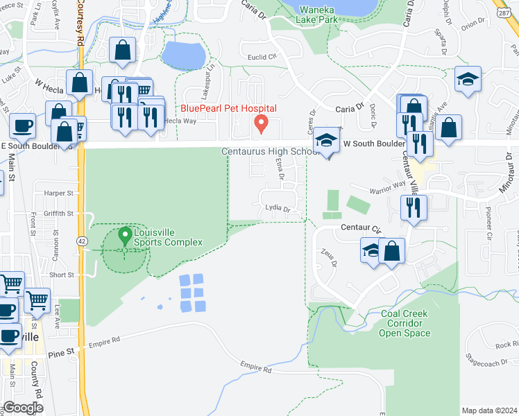 map of restaurants, bars, coffee shops, grocery stores, and more near 1503 Sidon Circle in Lafayette