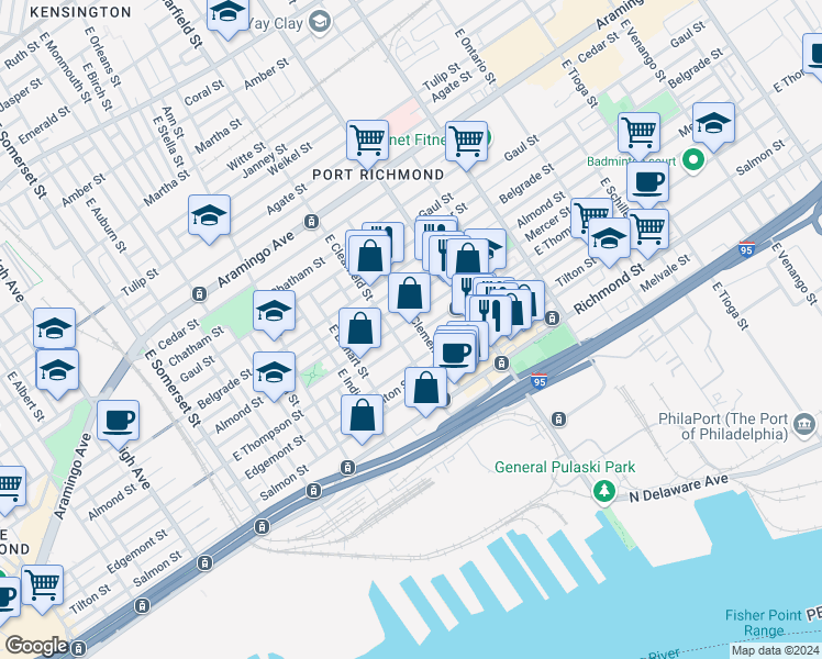 map of restaurants, bars, coffee shops, grocery stores, and more near 3114 East Thompson Street in Philadelphia