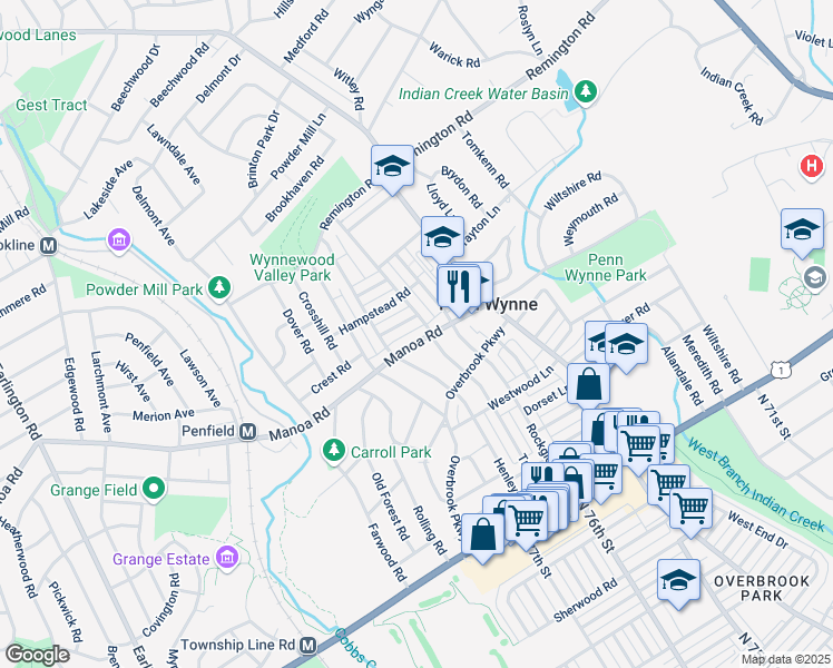map of restaurants, bars, coffee shops, grocery stores, and more near 1455 Manoa Road in Wynnewood