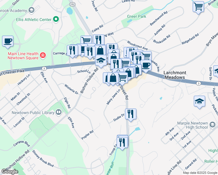 map of restaurants, bars, coffee shops, grocery stores, and more near 17 Reese Avenue in Newtown Square